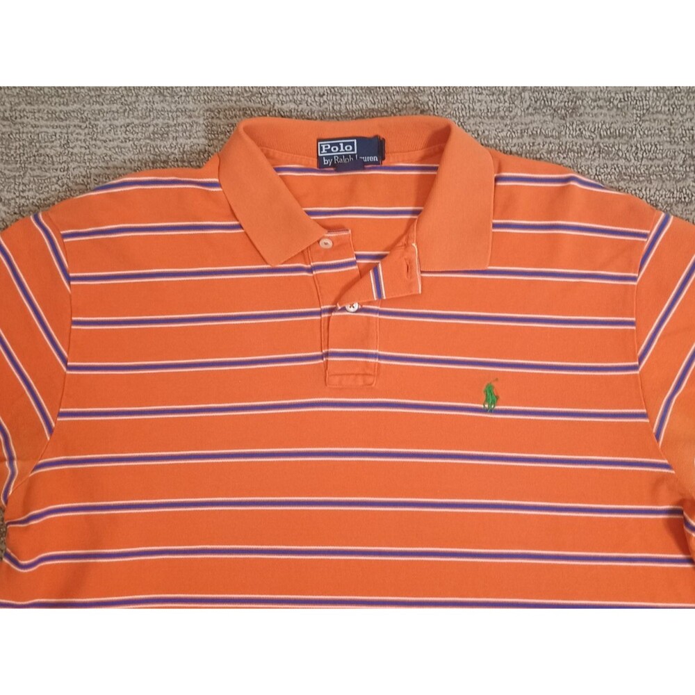 Polo Ralph Lauren Polo Top Men XL Bold Orange with Blue Stripes Short Sleeve